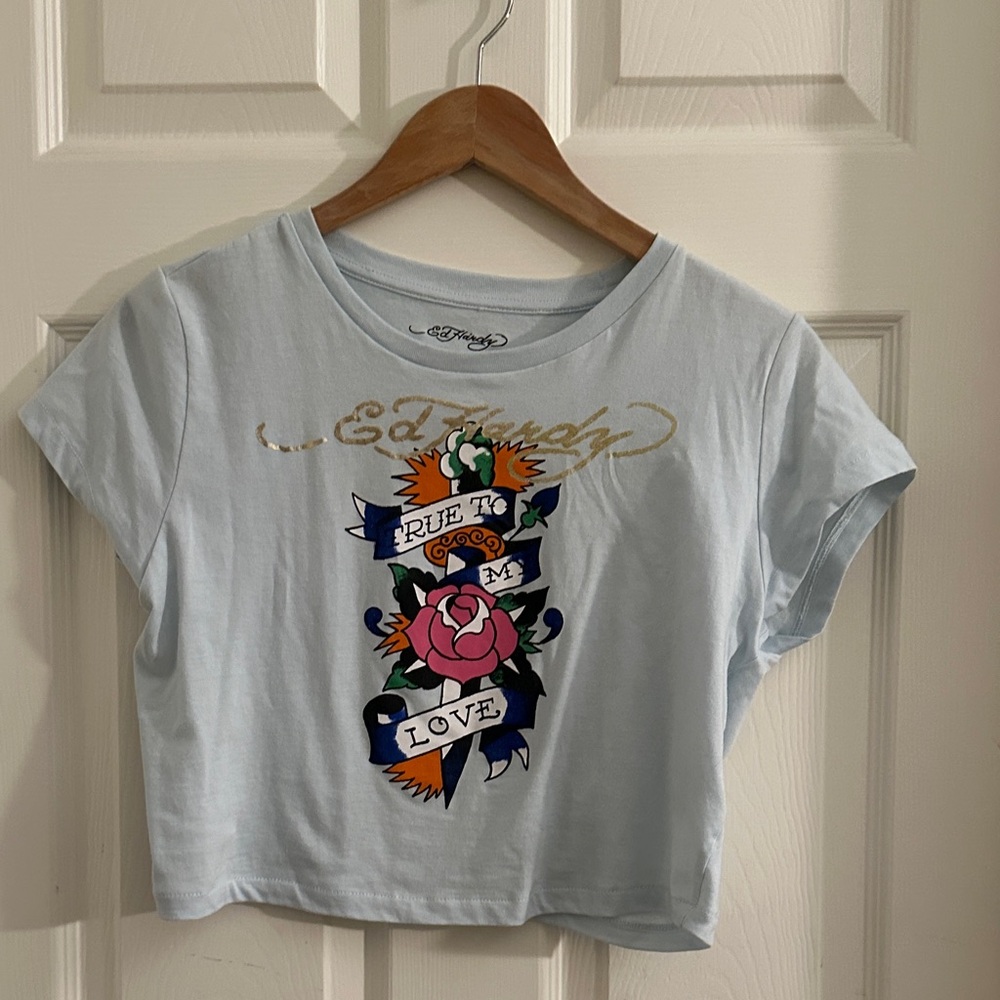 Ed Hardy Blue Crop Top with Floral Graphic